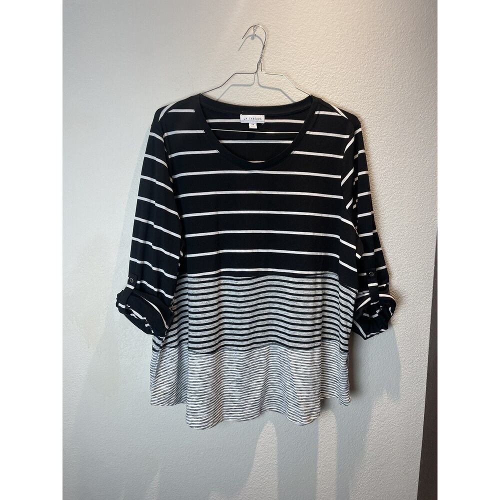 La Threads, Black Striped 3/4 Sleeve Tee, Plus 2X
